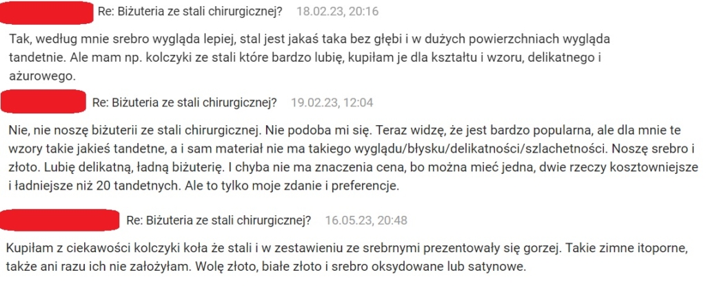 negatywne opinie o biżuterii ze stali szlachetnej