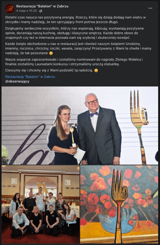 Najlepsza restauracja na Śląsku - Nagroda Złoty Widelec 
