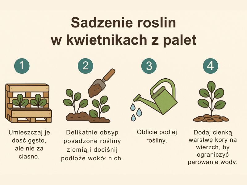 Jak prawidłowo sadzić rośliny? Infografika Kwietnik z palet - zasady sadzenia roślin. Infografika