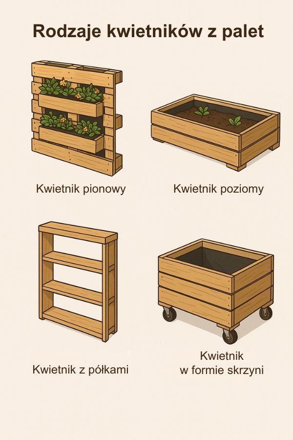 Kwietnik z palet - rodzaje do przygotowania samodzielnie Jakie kwietniki możesz wykonać z palet? Infografika