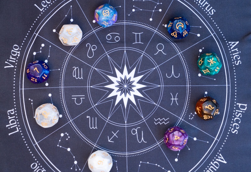 Granatowa tablica znaków zodiaku z kostkami do wróżenia Koło zodiaku z kostkami do wróżenia