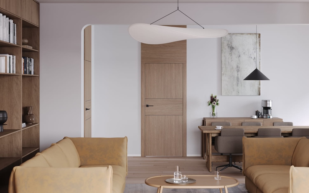 jasnobrązowe drzwi z okleiny w salonie 