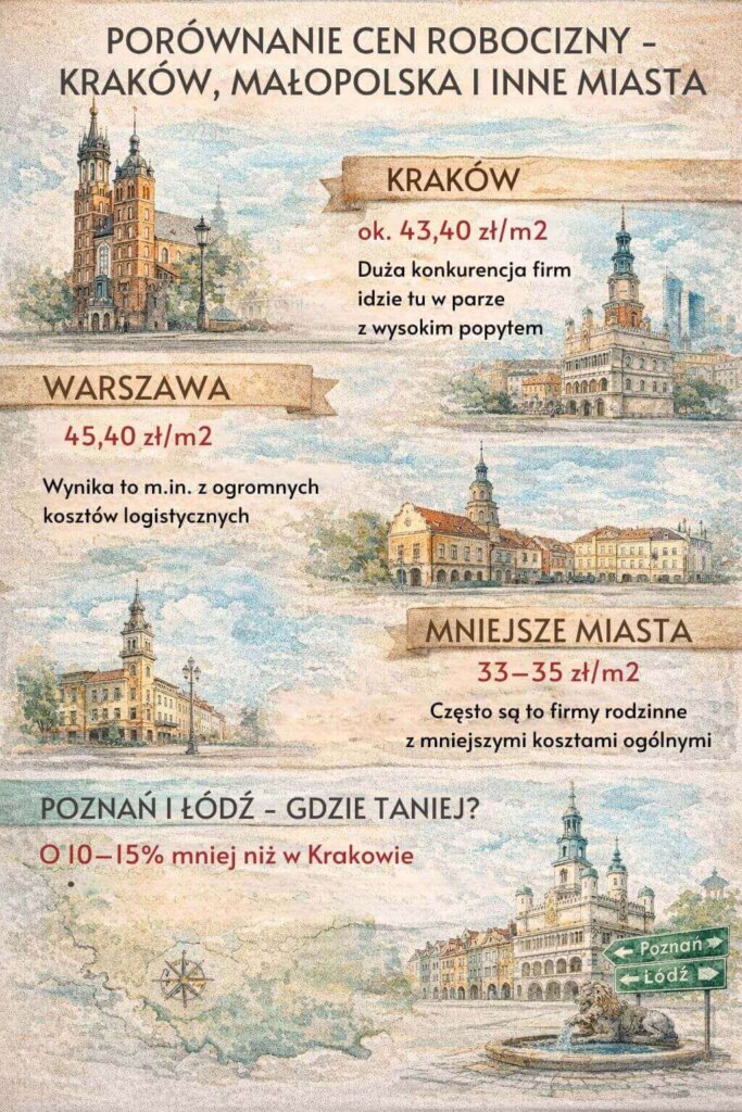 Porównanie cen robocizny za wylewkę w kilku miastach