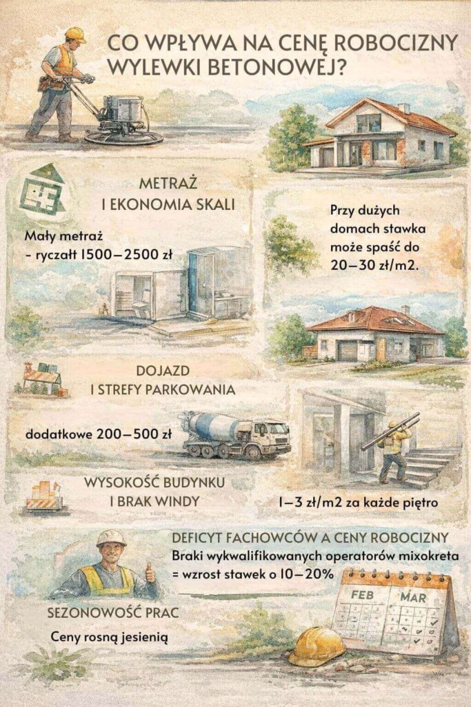 Wylewka betonowa - cena za m2 robocizny bez materiału. Co wpływa na koszt?