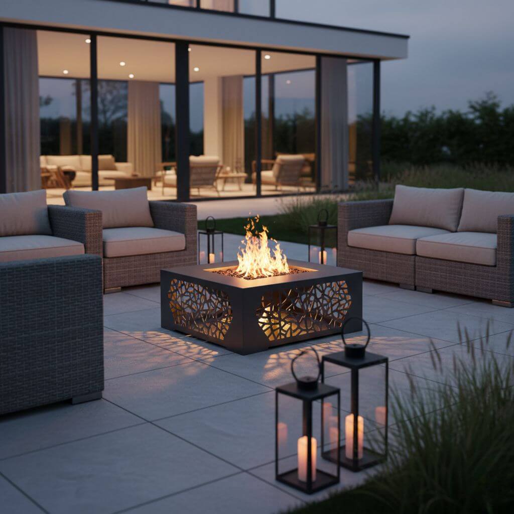 Ażurowe, stalowe palenisko na nowoczesnym tarasie Inspiracje - miejsce na ognisko w ogrodzie. Stalowe, ażurowe palenisko