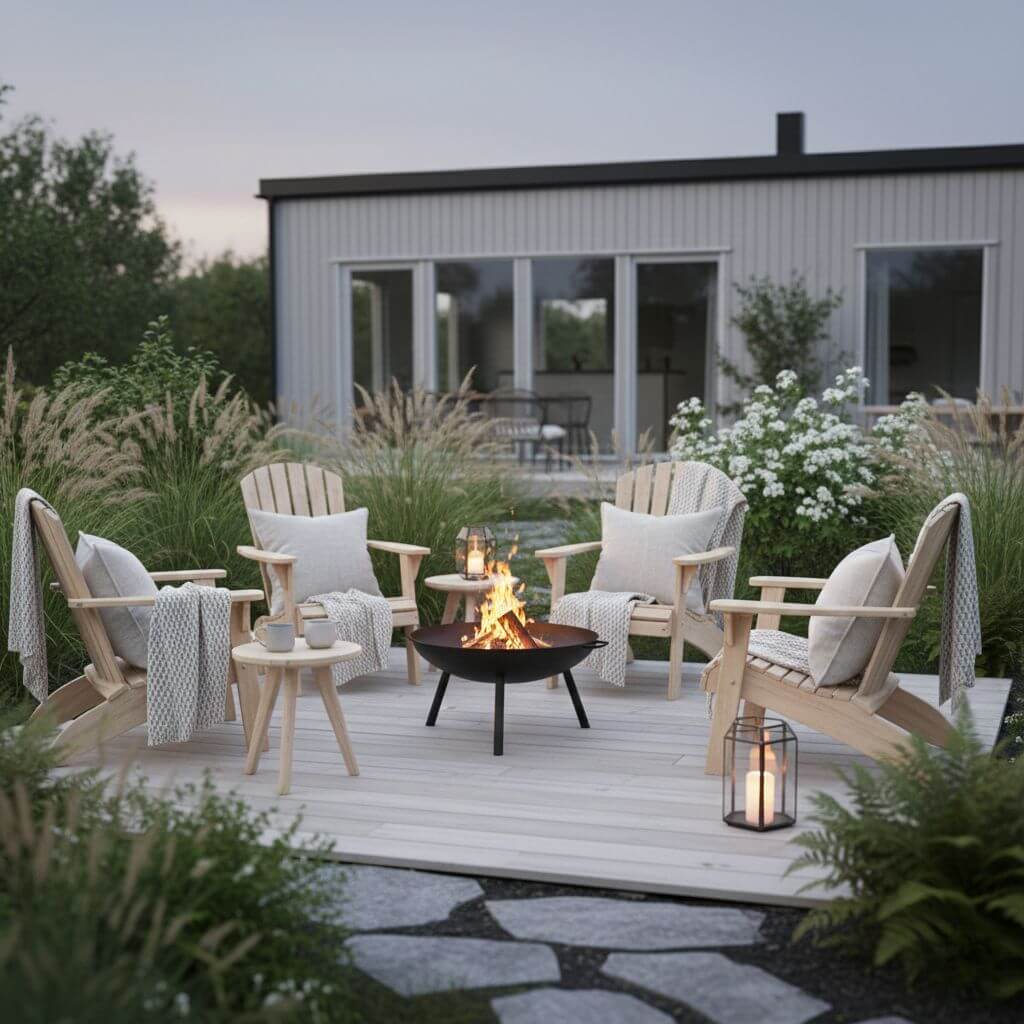 Skandynawskie ognisko ogrodowe z miejscem do siedzenia Inspiracje - miejsce na ognisko w ogrodzie w stylu skandynawskim