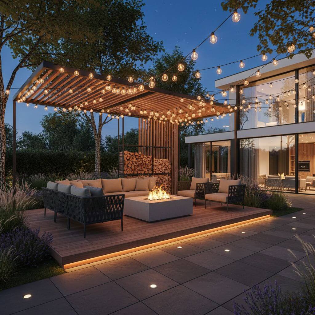 Klimatyczne oświetlenie strefy ogniskowej Inspiracje - miejsce na ognisko w ogrodzie. Oświetlenie zewnętrzne