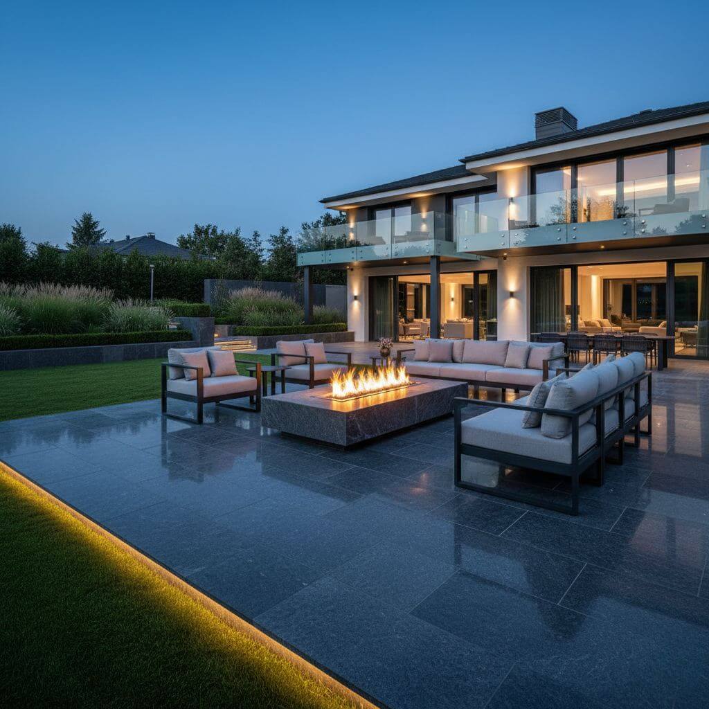 Płytki wielkoformatowe jako wykończenie przestrzeni wokół paleniska Inspiracje - miejsce na ognisko w ogrodzie. Płytki wielkoformatowe w strefie paleniska