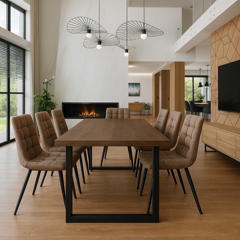 salon ze stołem i siedmioma krzesłami salon z prostym drewnianym stołem