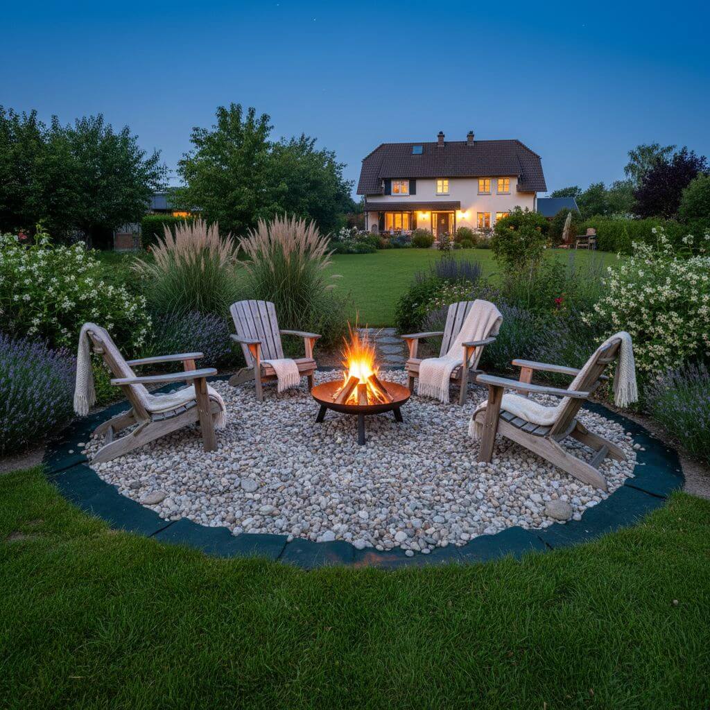 Inspiracje - miejsce na ognisko w ogrodzie z nawierzchnią żwirową Żwir jako nawierzchnia wokół ogrodowego ogniska