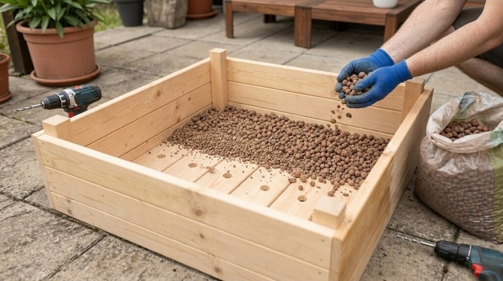 jak zrobić skrzynie na warzywa z warstwą keramzytu