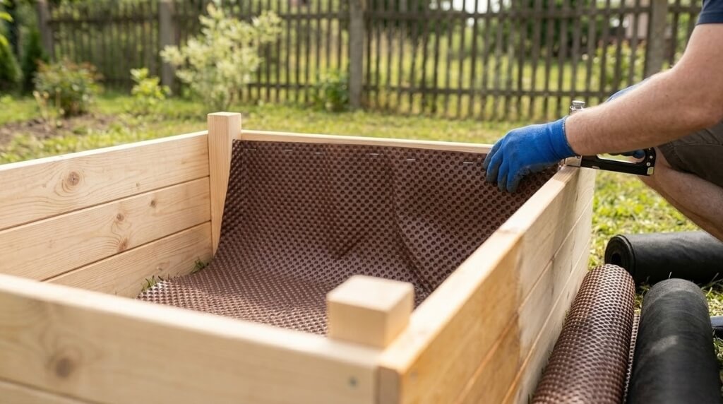 jak zrobić skrzynie na warzywa z wnętrzem z folii kubełkowej