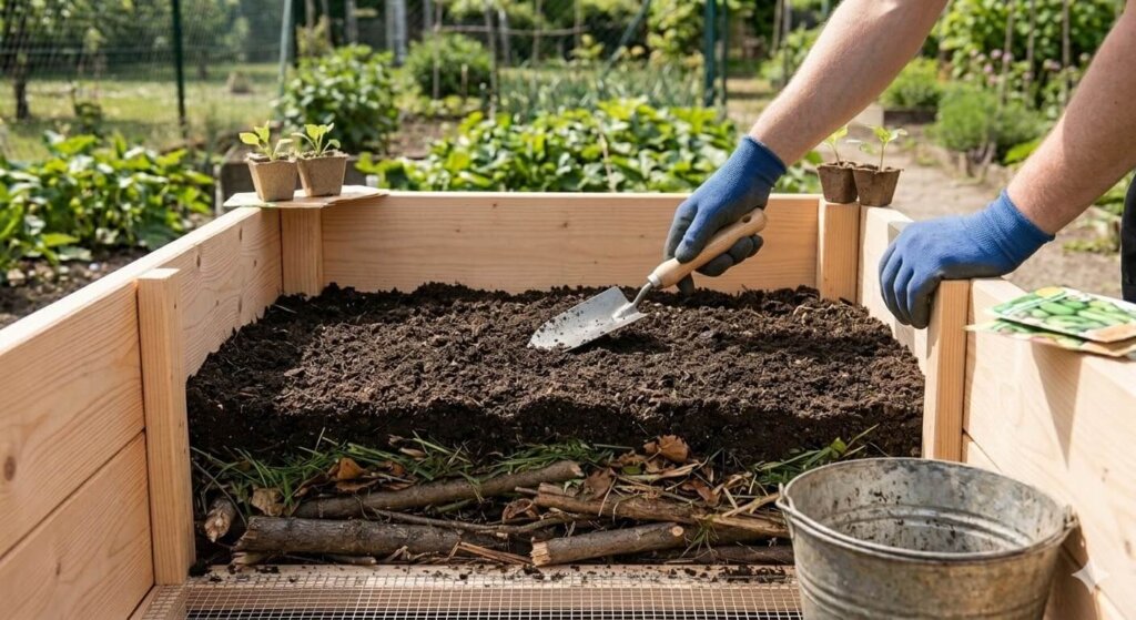 przekrój wypełnienia skrzyni na warzywa