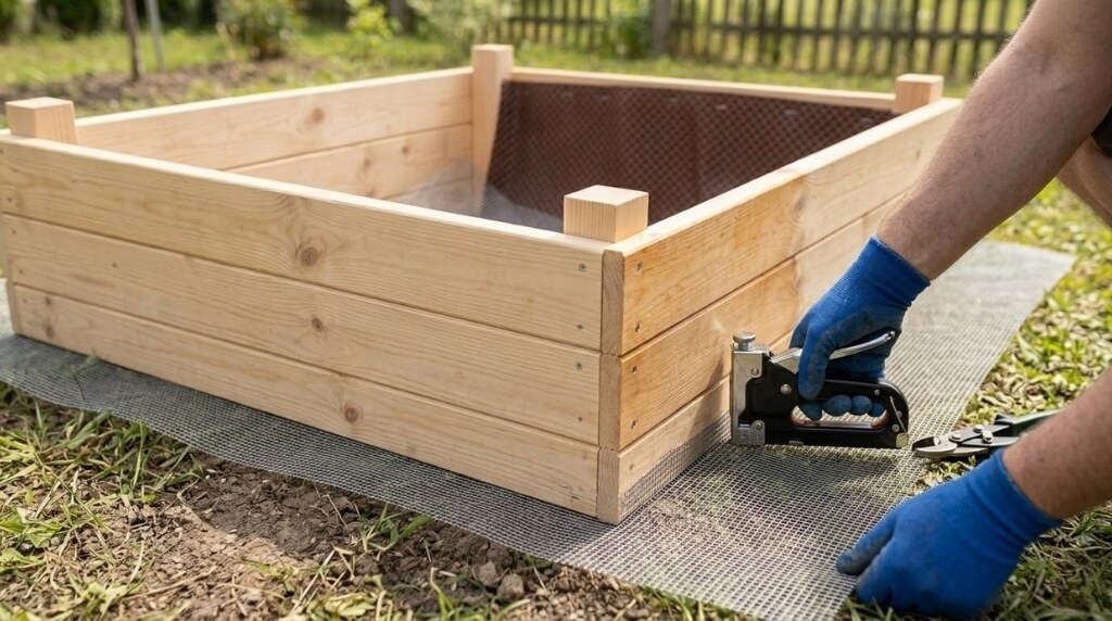 montaż metalowej siatki pod skrzynią na warzywa