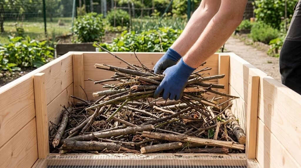 układanie gałązek na dnie skrzyni