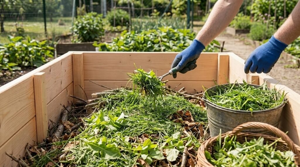 wypełnianie skrzyni warzywnej świeżą trawą