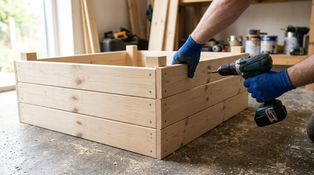 przywiercanie desek do skrzyni warzywnej
