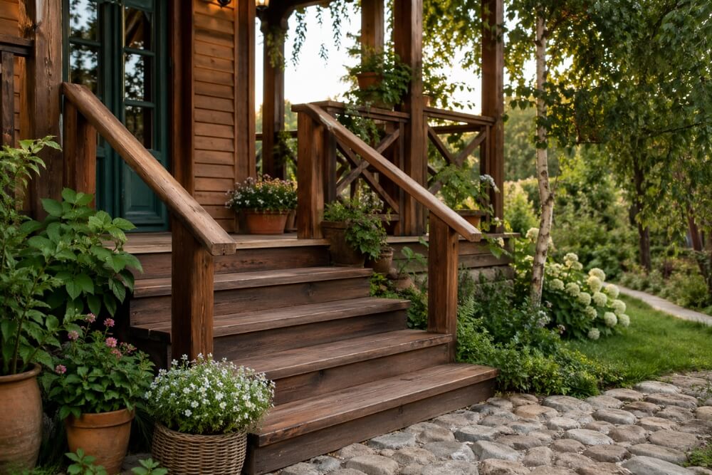 inspiracje na schody zewnętrzne na przykładzie schodów rustykalnych z drewna