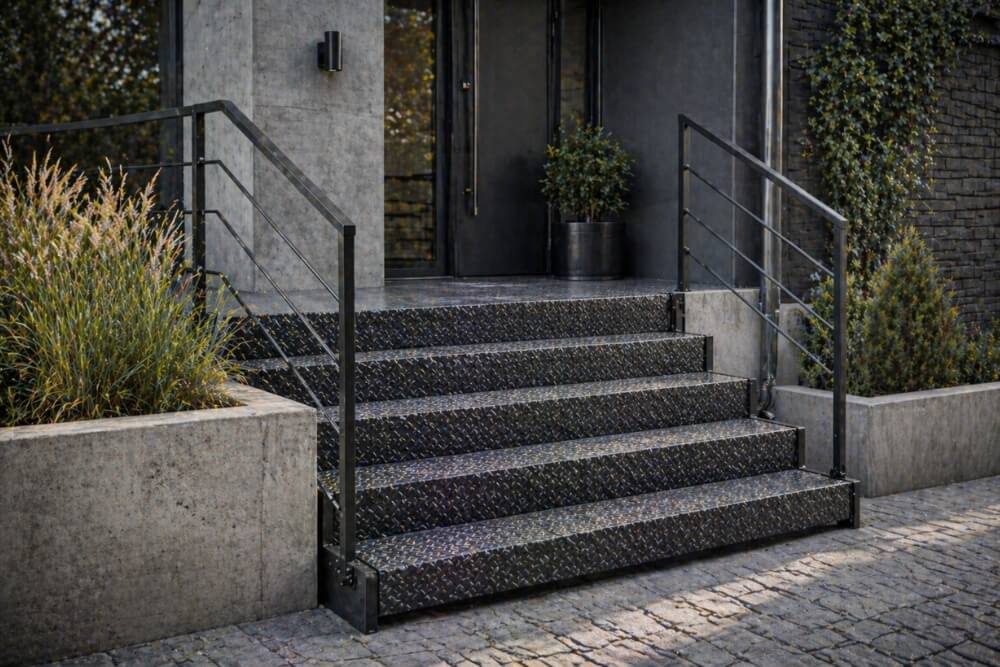 inspiracje na schody zewnętrzne na przykładzie schodów industrialnych z blachy