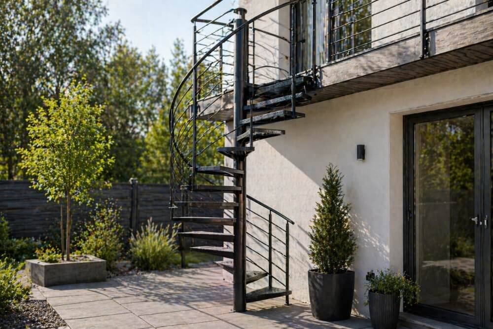 inspiracje na schody zewnętrzne na przykładzie schodów spiralnych z metalu