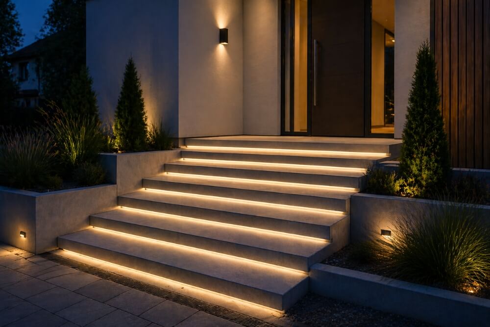 inspiracje na schody zewnętrzne na przykładzie schodów z oświetleniem led