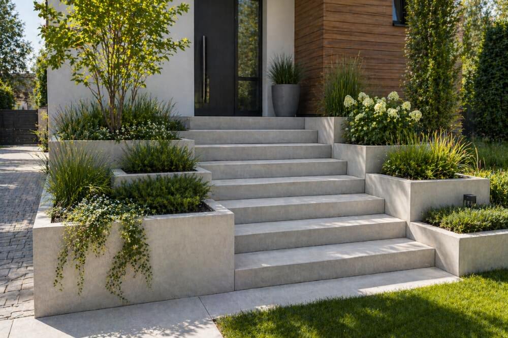 inspiracje na schody zewnętrzne na przykładzie schodów zintegrowanych z donicami