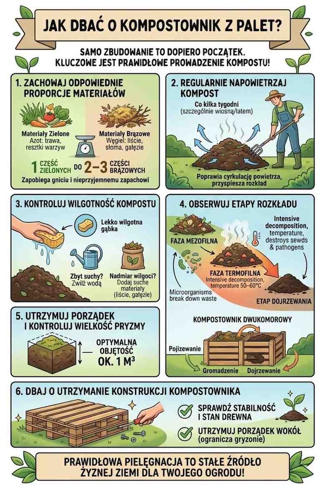 dbanie o kompostownik w ogrodzie utrzymanie kompostownika z palet