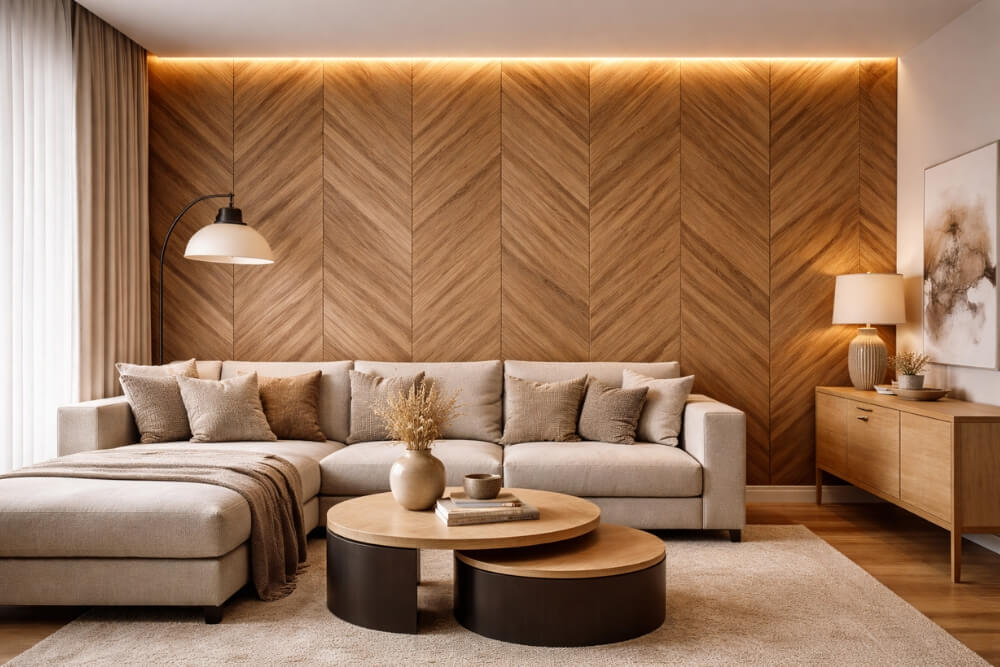 panele podłogowe na ścianie na przykładzie całej ściany