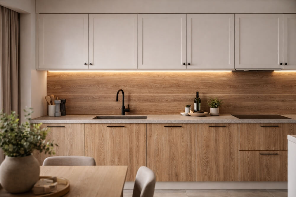 panele podłogowe na ścianie na przykładzie kuchni