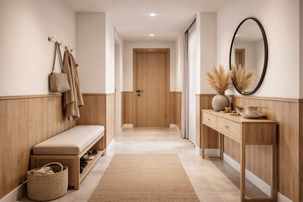 panele podłogowe na ścianie na przykładzie przedpokoju