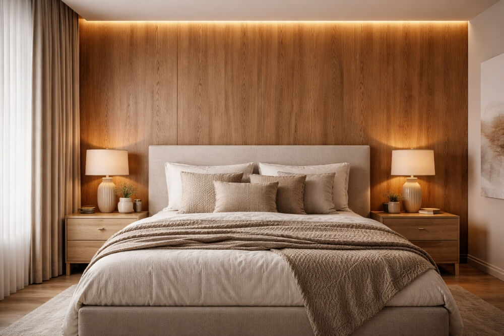panele podłogowe na ścianie na przykładzie sypialni