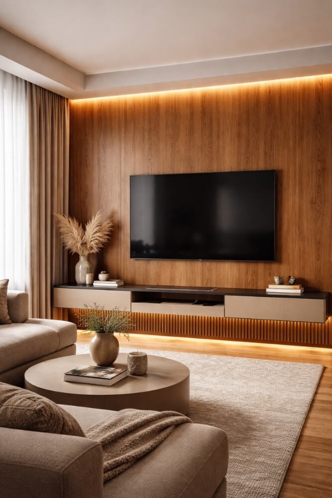 panele podłogowe na ścianie na przykładzie salonu