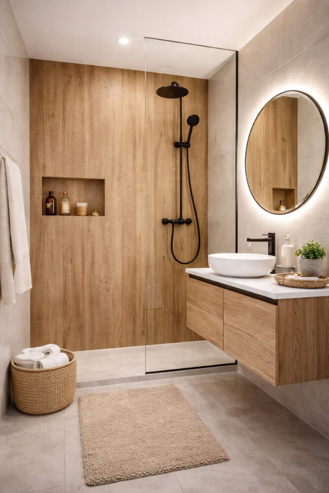 panele winylowe na ścianie w łazience