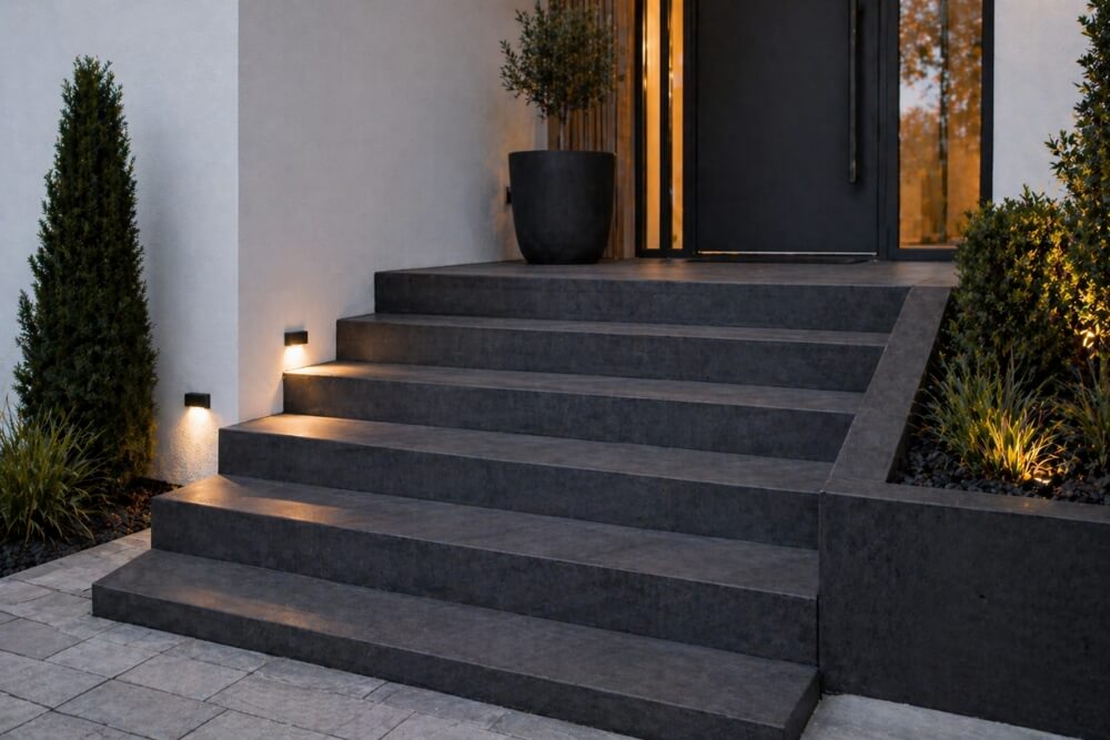 schody zewnętrzne wykonane z betonu w kolorze antracytowym