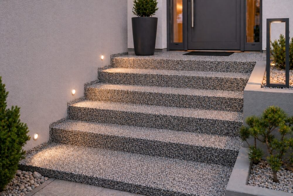 schody zewnętrzne wykonane z kamiennego dywanu