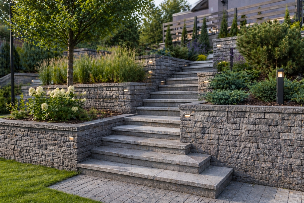 schody zewnętrzne wykonane z wykorzystaniem murków oporowych