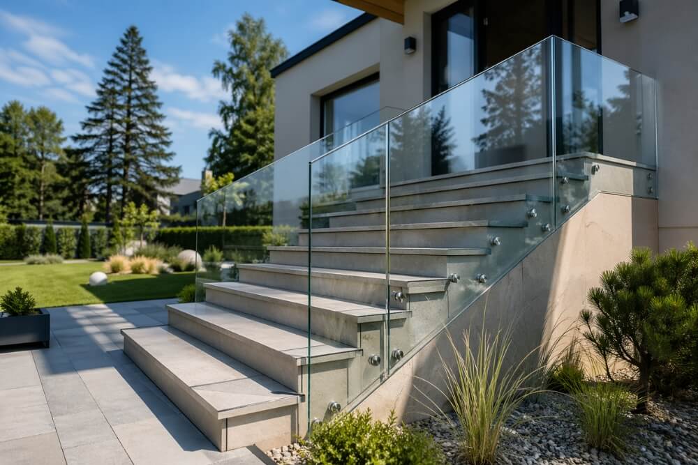 schody zewnętrzne z dodatkiem szklanej balustrady