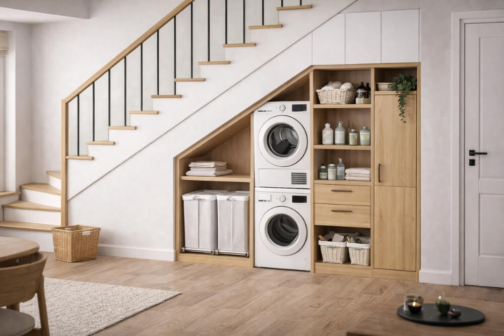 zabudowa pod schodami na przykładzie pralni