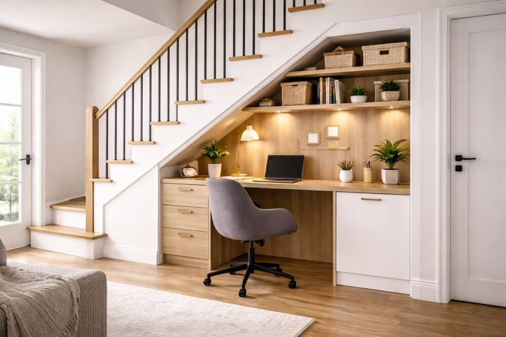 zabudowy pod schodami na przykładzie domowego biura