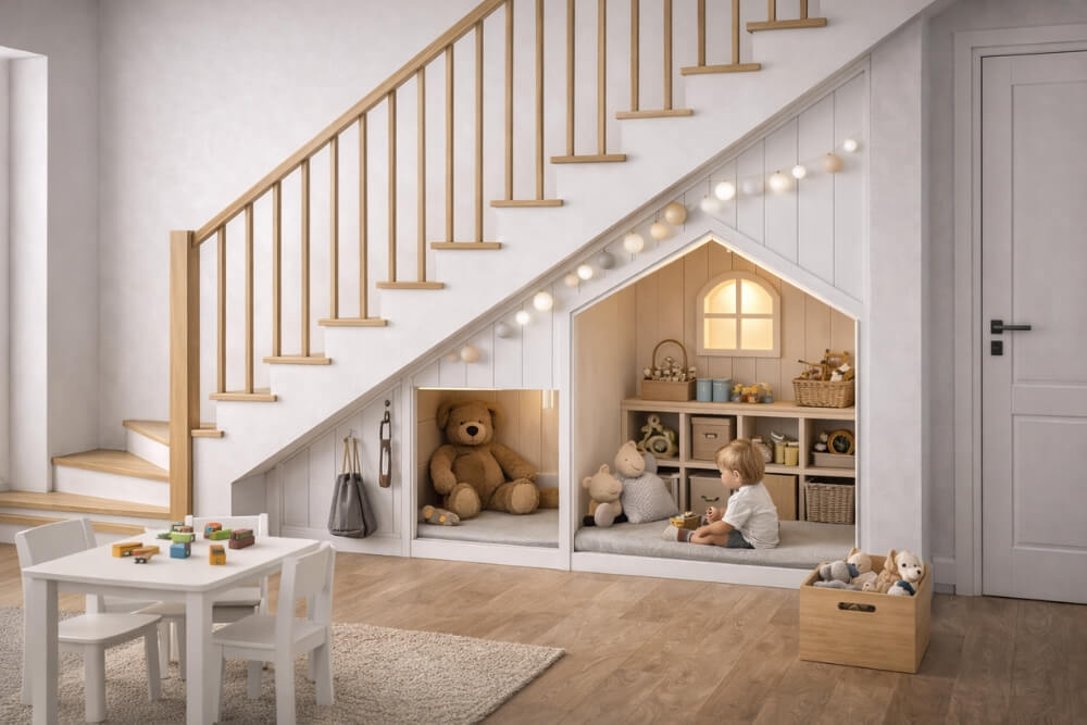 zabudowa pod schodami na przykładzie bawialni dla dziecka